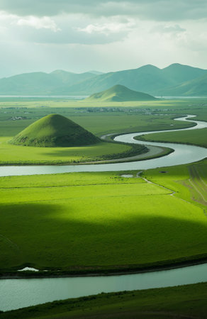 Landscape view of grassland and river in Qinghai, Chinaの素材