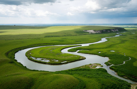 Aerial view of the river in the steppe on a cloudy dayの素材