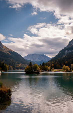 Autumn alpine lake in Dolomites, South Tyrol, Italyの素材