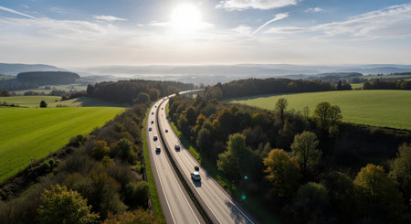 Aerial view of a highway in Germany with cars on the roadの素材