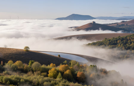 Autumn landscape in Tuscany, Italy. Foggy morningの素材