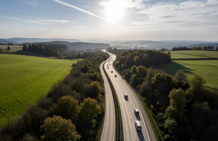 Aerial view of the road in the German countryside in the eveningの素材