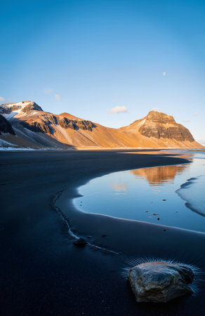 Beautiful sunset in the mountains of Iceland. The concept of active and photo tourismの素材