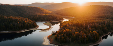 Aerial view of beautiful lake and forest at sunset. Beautiful panoramic landscapeの素材