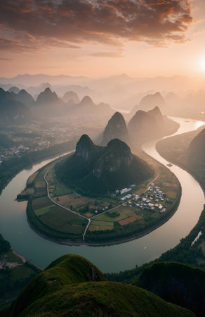 Panoramic view of karst mountains at sunset, Yangshuo, Guilin, Chinaの素材