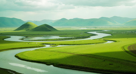 Landscape of grassland and river, Xinjiang, China.の素材