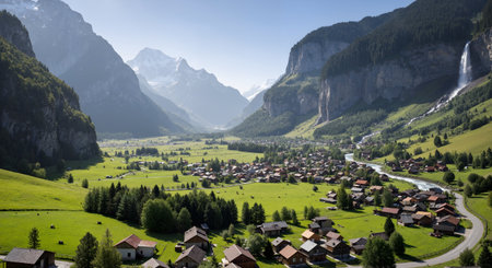 Swiss alps and village with waterfall in summer, Switzerland.の素材