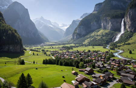 Aerial view of Lauterbrunnen village, Switzerlandの素材