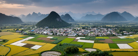Panoramic view of the rice fields in Yangshuo, Chinaの素材