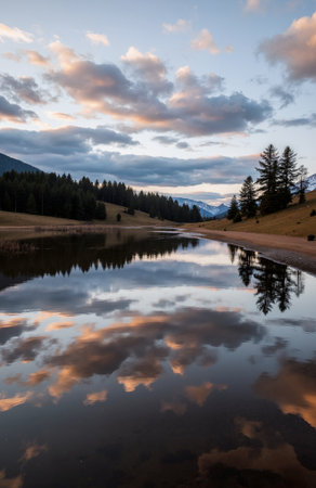 Reflection of the sky and clouds in the water of a mountain lakeの素材