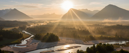 Panoramic view of the river and mountains in the morning fogの素材