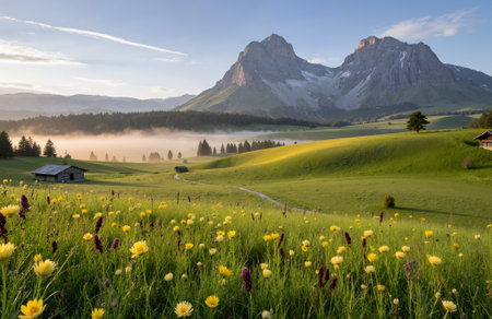 Beautiful alpine meadow with blooming wildflowers on the foreground, Dolomites, Italyの素材