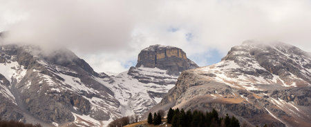 Panoramic view of the Dolomites, Italy. The Dolomites are a mountain range in the Italian Alps.の素材