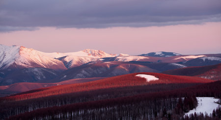 Mountain range in the evening. Beautiful winter landscape in the mountainsの素材