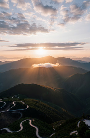 Mountain road at sunset, Yunnan, China. Long exposureの素材