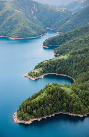 Lake in the Carpathian Mountains, Ukraine. Aerial view.の素材