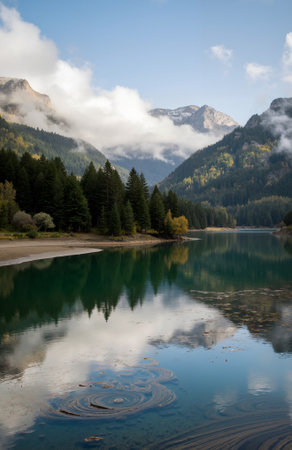 Landscape view of Alpstein mountain lake in autumn, Austriaの素材