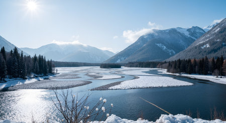 Beautiful winter landscape with frozen lake and snow-capped mountainsの素材