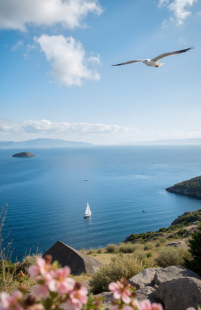 Seagulls flying in the sky over the sea and mountainsの素材