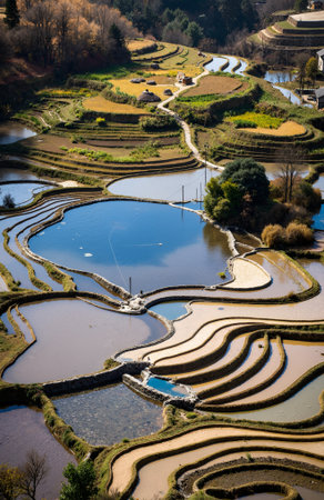 Terraced rice fields in the countryside of Yunnan, China.の素材
