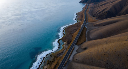 Aerial view of the road in the volcanic landscape of Lanzarote, Canary Islands, Spainの素材