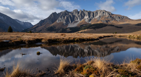 Natural landscape of New Zealand alps and lake with reflection in waterの素材