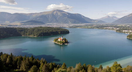Panoramic view of Bled lake, Slovenia, Europe.の素材