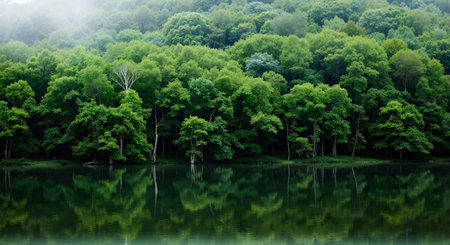 Beautiful green forest reflected in the lake. Nature landscape background.の素材