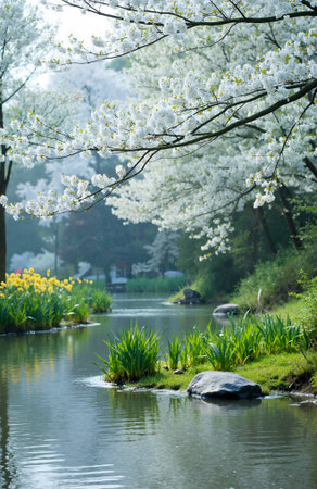 Cherry blossoms in full bloom in a Japanese garden with a pondの素材