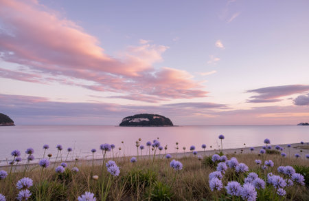 Beautiful seascape with purple flowers at sunset. Nature backgroundの素材