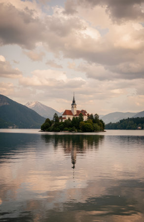 Panoramic view of Bled lake with island in Slovenia.の素材