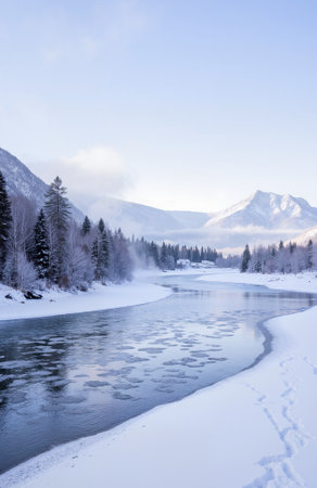Beautiful winter landscape with a frozen river and mountains in the backgroundの素材