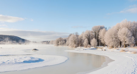 Beautiful winter landscape with frozen river and trees in hoarfrostの素材