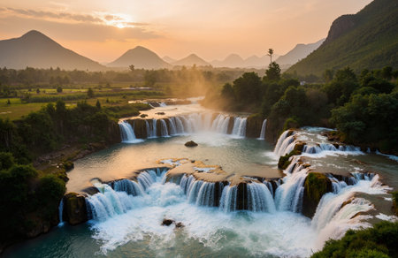 Krka National Park, Dalat, Vietnam. Waterfalls at sunset.の素材