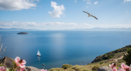 Seagulls flying over the sea and mountains in the backgroundの素材
