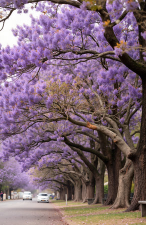 Jacaranda tree with purple flowers in full bloom in spring.の素材