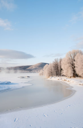Winter landscape with frozen river and trees in hoarfrost on the shoreの素材