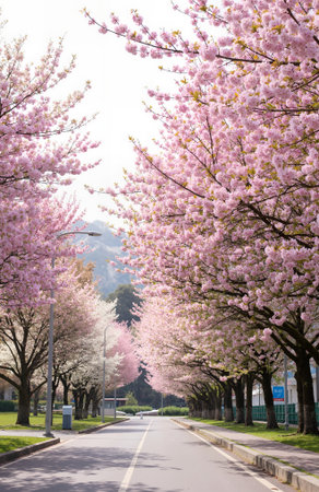 Cherry blossoms in full bloom along the road in spring.の素材
