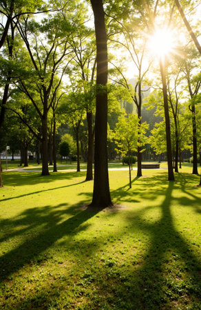 Beautiful green park with sunlight in the morning, South Korea.の素材