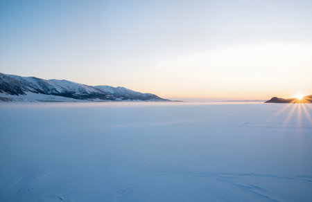 Beautiful winter landscape on Lake Baikal, Siberia, Russiaの素材