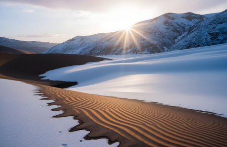 Sunset over white sand dunes in Death Valley National Park, Californiaの素材