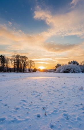 Beautiful winter landscape with snow covered field and trees at sunset.の素材