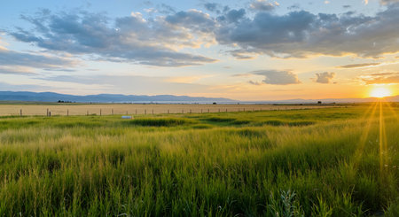 Sunset in the prairie with grassland and mountains in the backgroundの素材