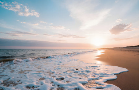 Beautiful seascape. Baltic sea shore at sunset or sunrise.の素材