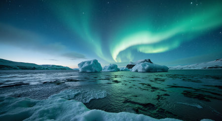Aurora borealis northern lights over icebergs in Jokulsarlon, Icelandの素材
