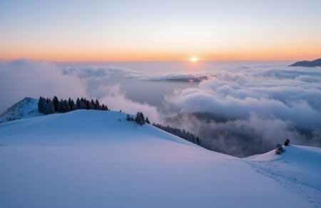 Beautiful winter landscape in the mountains. Sunrise over the clouds.の素材