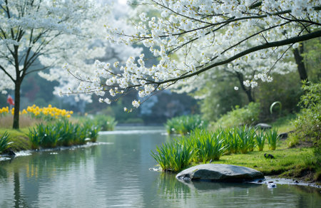 Cherry blossoms in full bloom in a Japanese garden in springの素材