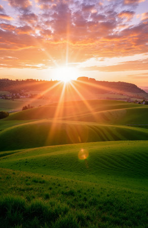 Sunset in Tuscany, Italy. Rural landscape with green fieldsの素材