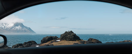 Panoramic view from the window of the car. Iceland.の素材