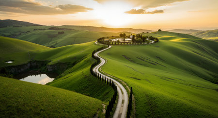 Tuscany landscape at sunset with winding road, cypress trees and lakeの素材